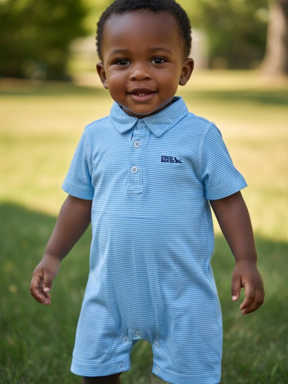Eddie Bauer Baby Boys Blue Striped Polo Romper Size 18M